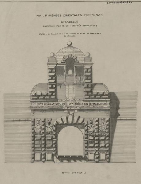 Citadelle ; ancienne porte de l'entrée principale dessiné à l'Agence des Bâtiments de France d'après un relevé de la Direction du Génie de Perpignan du 28 septembre 1818.