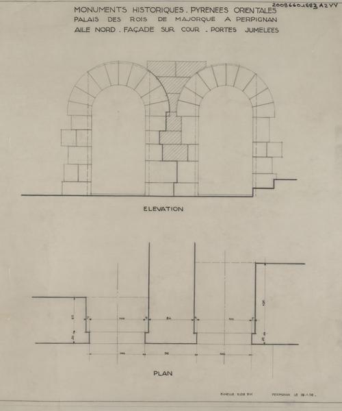 Palais des Rois de Majorque ; aile Nord ; façade sur cour ; portes jumelées : plan coté, élévation.