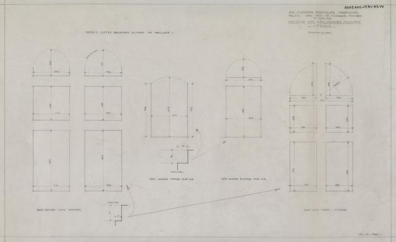 Palais des Rois de Majorque ; relevé des menuiseries à équiper des vitraux : élévations baie géminée cour ; celle du premier et 2ème étage ; cour nord-est : élévation tour Ouest, 1er étage ; plan ; le tout coté.