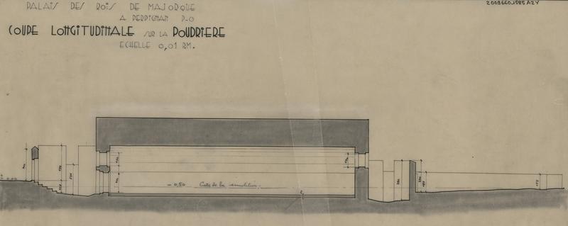 Palais des Rois de Majorque : coupe longitudinale sur la poudrière cotée.