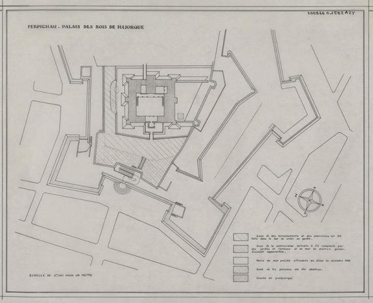 Palais des Rois de Majorque : plan d'ensemble avec localisation des états des lieux de diférentes constructions.