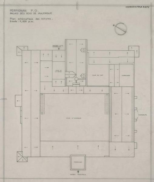 Palais des Rois de Majorque : plan schématique des toitures avec sens des pentes.