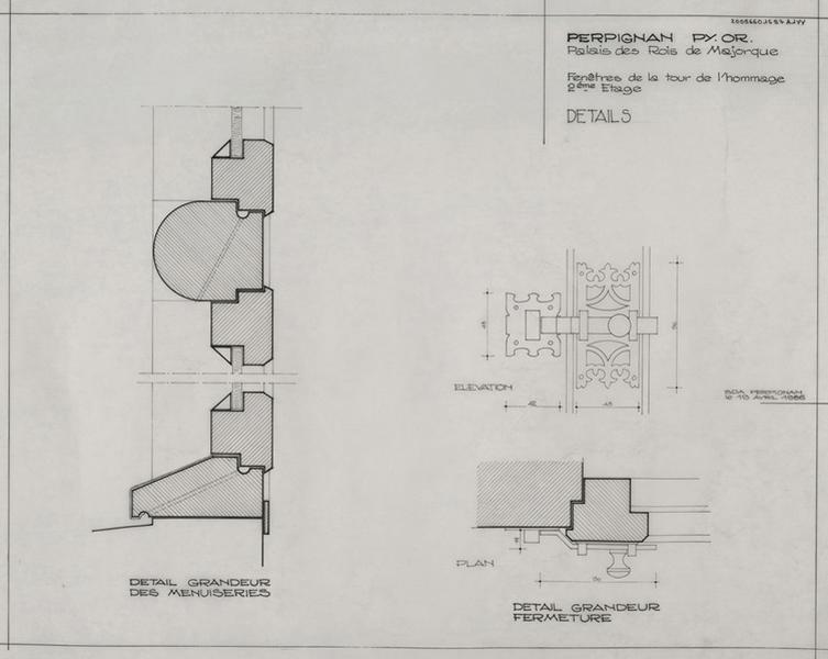 Palais des Rois de Majorque ; fenêtre de la tour de l'Hommage ; 2e étage ; détails : détails des menuiseries et fermetures éch. 1/1 ; élévation cotée.