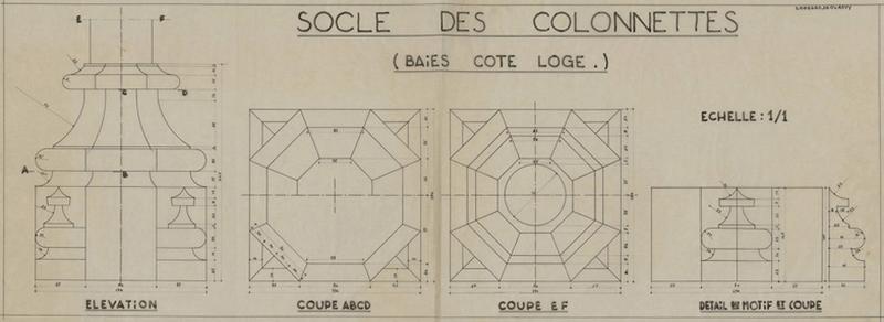 Socle des colonnettes ; baies coté Loge : élévation, coupes ABCD, EF ; détail du motif et coupe ; le tout coté.