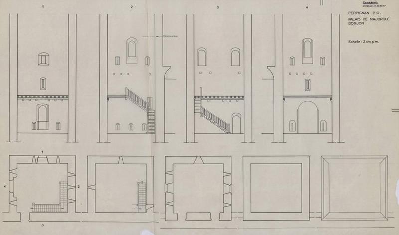 Palais des Rois de Majorque ; Donjon : plan des quatre niveaux et élévations des quatre façades.