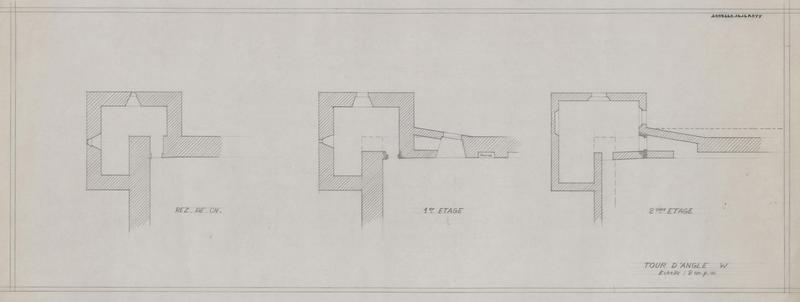 Palais des Rois de Majorque ; aile Nord ; tour Nord-Ouest : plans rez-de-chaussée, 1er et 2ème étage.