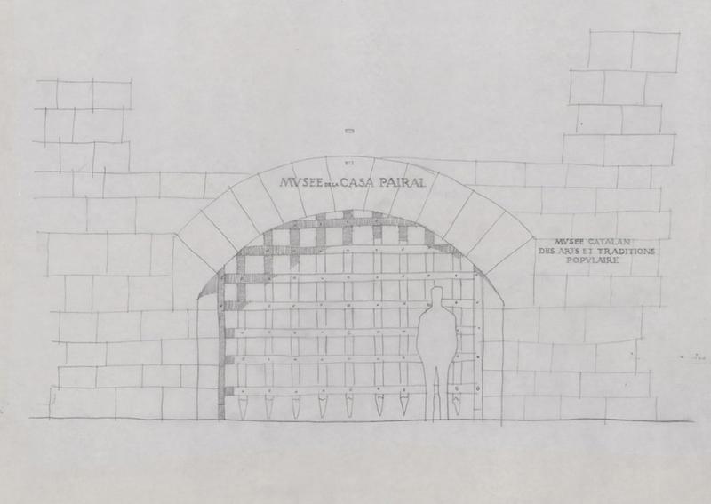 Aménagement du musée de la Casa Pairal ; projet grille : élévation avec détail de l'enseigne.