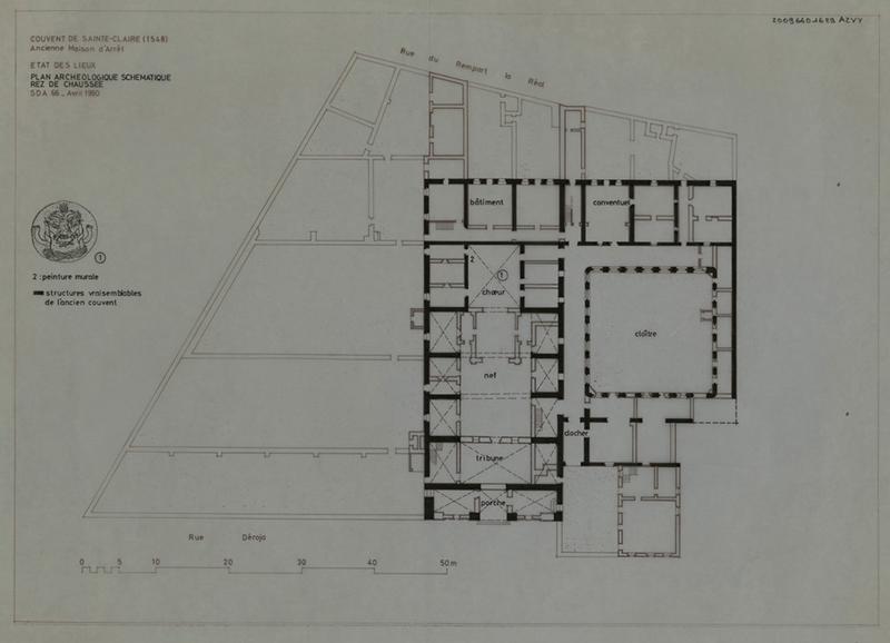 Etat des lieux ; plan archéologique schématique du rez-de-chaussée avec localisation des structures vraisemblablement de l'ancien couvent et de la peinture murale ; détail de la peinture murale.