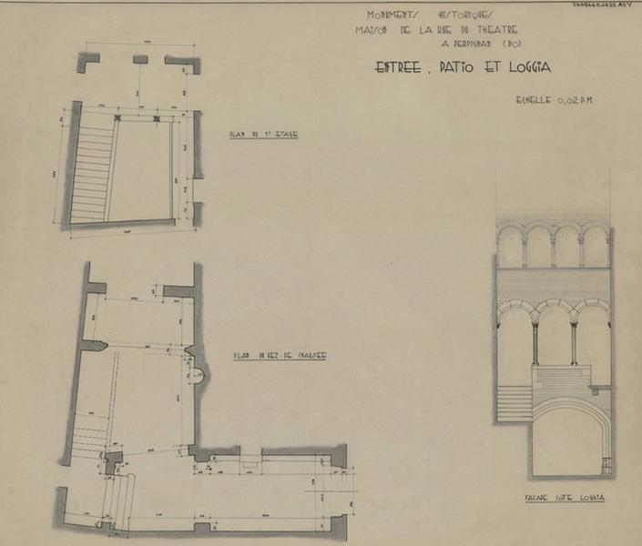 Plans cotés du rez-de-chaussée et du 1er étage, élévation façade du côté de la loggia.