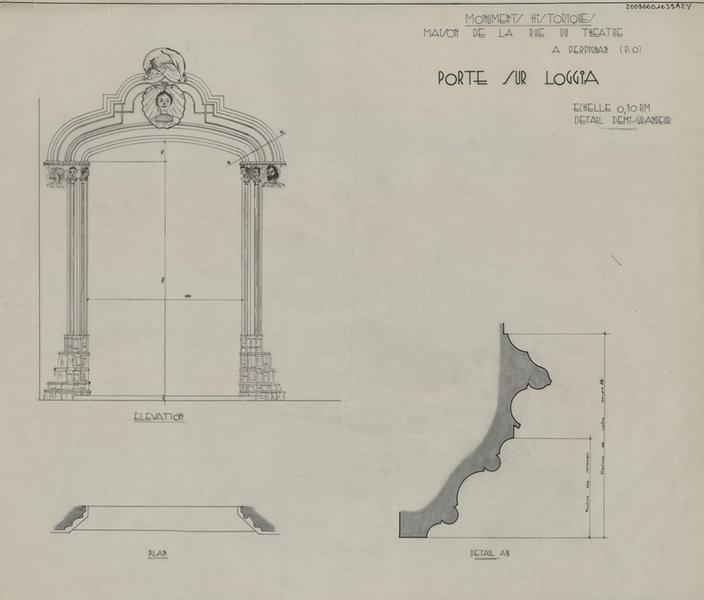 Porte sur loggia : plan, élévation cotée éch. 1/10 ; détails AB de la moulure, des jambages et du cintre localisés sur l'élévation éch. 1/2.