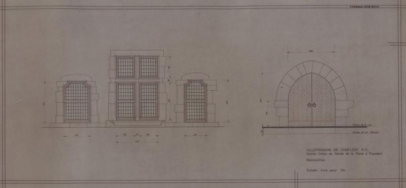 Porte d'Espagne ; ancien corps de garde ; menuiseries : élévation façade sur rue avec cotes des fenêtres et de la porte.