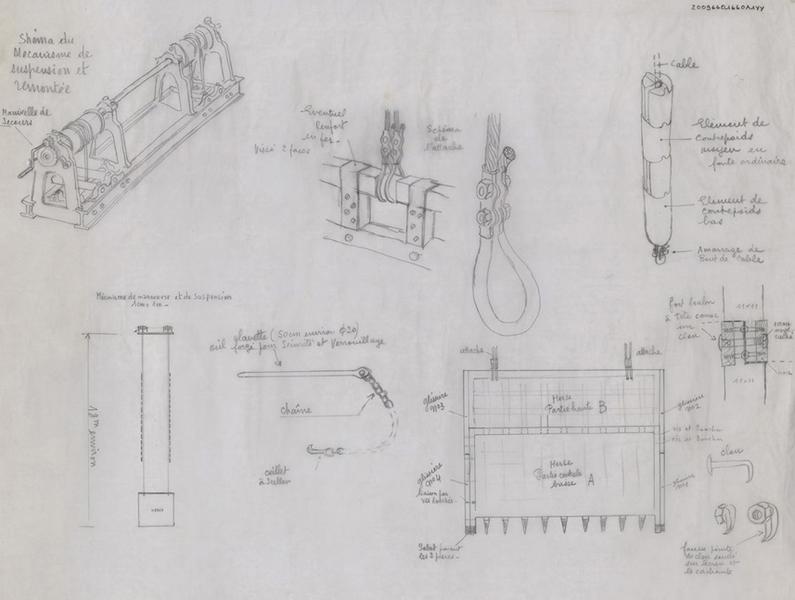 Mécanisme de la herse : détails de la suspension, manoeuvre de suspension, attache, câble, partie centrale basse.