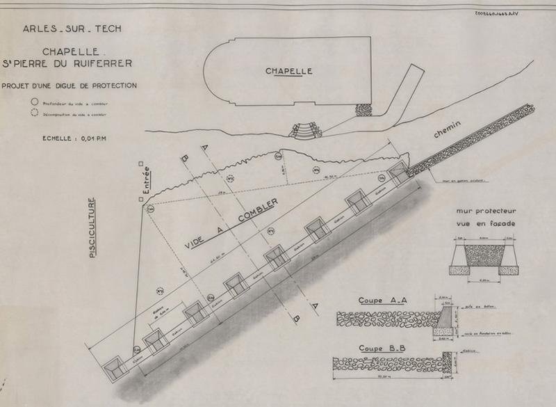 Projet d'une digue de protection coupes AA et BB et élévation du mur protecteur, plan d'ensemble avec localisation profondeur du vide à combler et décomposition du vide à combler.