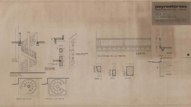 Escalier de la tribune ; détails intérieurs : plan de l'escalier départ rez-de-chaussée, arrivée à la tribune et élévation éch. 1/20 ; détails de menuiserie et de la balustre éch. 1/5 ; élévation éch. 1/20, détails appuis socle et poutre éch. 1/5 de la balustrade de la tribune ; plan et coupe de la tribune ; le tout coté.