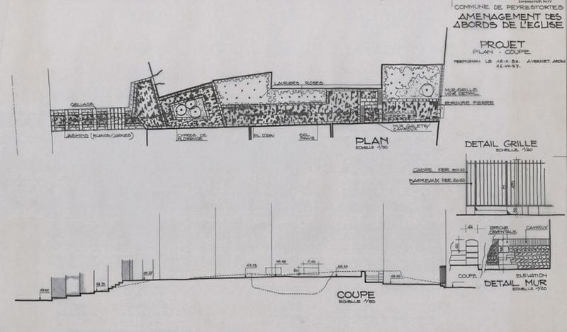 Aménagement des abords de l'église ; projet : coupe éch. 1/50 ; détail du mur éch. 1/20 ; plan éch. 1/50 ; le tout coté.