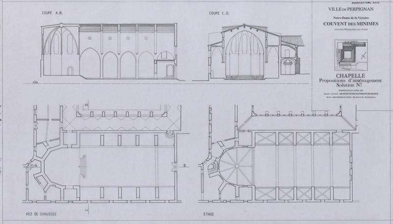 Chapelle Notre-Dame de La Victoire ; proposition d'aménagement : plans du rez-de-chaussée et étage ; coupes longitudinale AB et transversale CD localisées sur le plan du rez-de-chaussée.