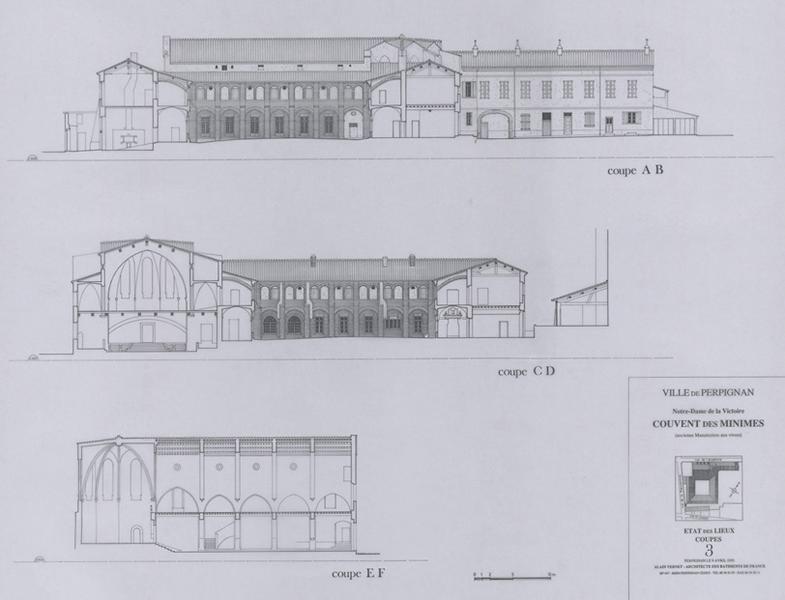 Chapelle Notre-Dame de La Victoire ; état des lieux : coupes EF, AB et CD localisées sur le plan du premier étage.