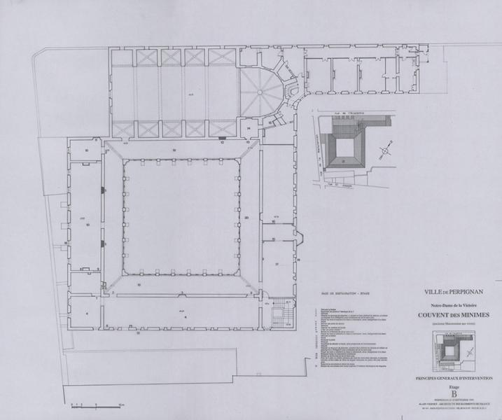 Chapelle Notre-Dame de La Victoire ; principes généraux d'intervention : plan général du 1er étage avec localisation numérotées et légendées des interventions projetées éch. 1/100 ; plan schématique des toitures éch. Indéterminée.