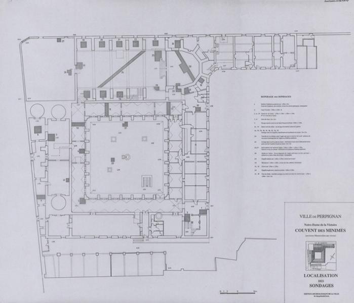 Chapelle Notre-Dame de La Victoire ; localisation des sondages : plan d'ensemble avec cotes altimétriques et localisations des sondages archéologiques d'après les relevés de Marichal Rémy.