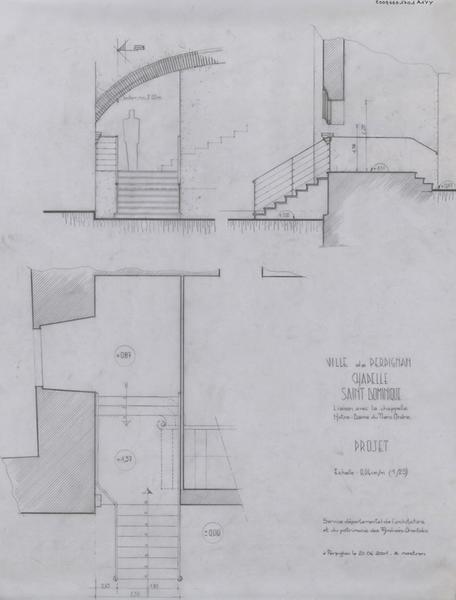 Chapelle Saint-Dominique ; liaison avec la chapelle Notre-Dame du Tiers Ordre ; projet : plan, élévation arcade tribune, coupe.