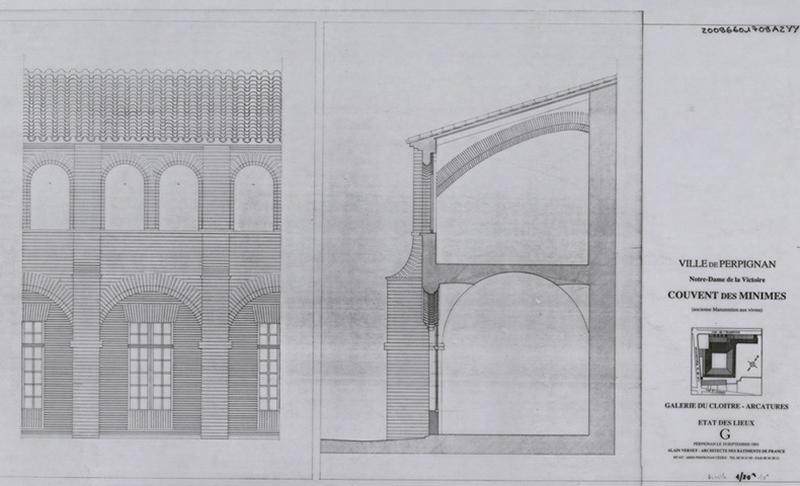 Chapelle Notre-Dame de la Victoire ; galerie du cloître ; arcatures ; état deslieux : élévation, coupe.