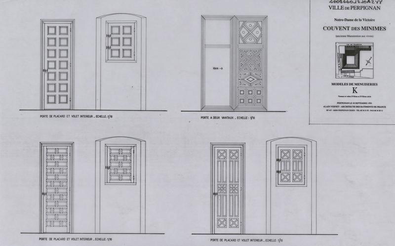 Chapelle Notre-Dame de la Victoire ; modèles de menuiseries ; vantaux et volets du XVIe et XVIIe siècles : élévations portes de placard et volets intérieurs ; élévation porte à deux vantaux.