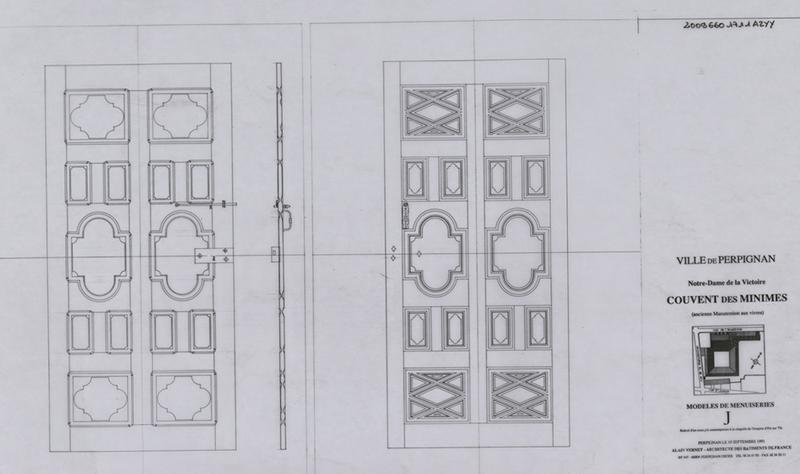 Chapelle Notre-Dame de la Victoire ; modèles de menuiseries ; relevé d'un exemple contemporain à la Chapelle de l'hospice d'Ille sur Tet : élévations, coupe de portes.