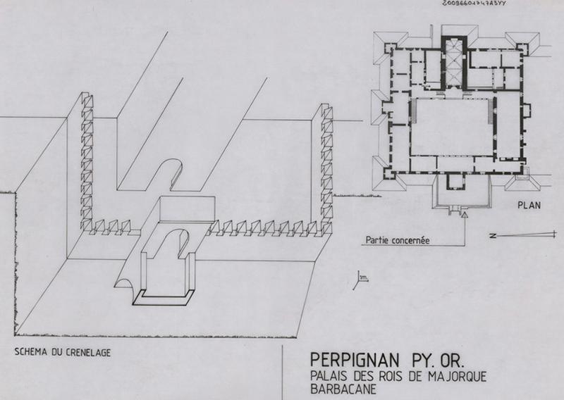 Barbacane de la porte d'entrée du palais : plan général et schéma du crénelage de la barbacane.