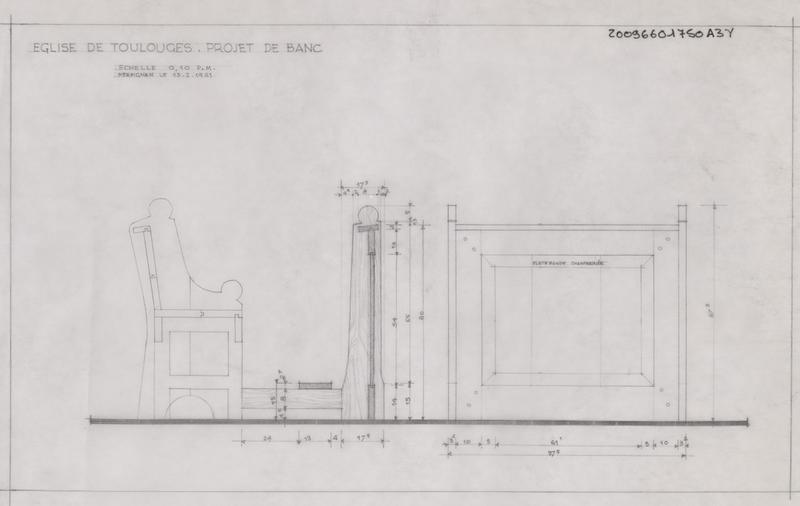 Projet de banc : plan, coupe, élévation.