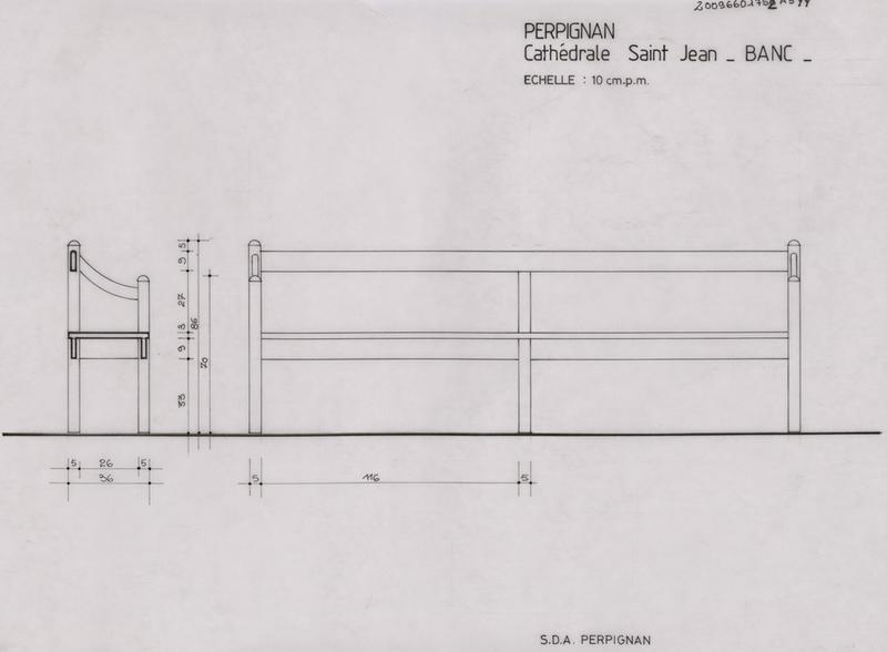 Banc : coupe, élévation.