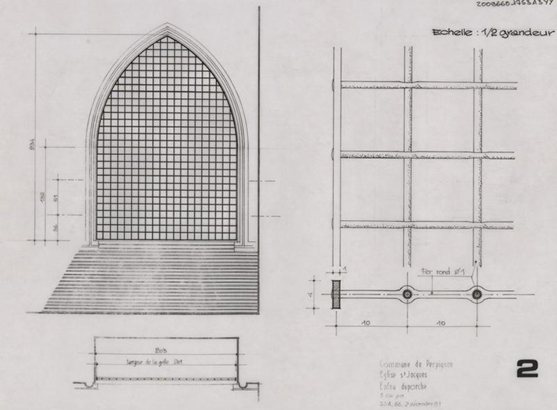 Enfeu du porche. Grille : plan, coupe, élévation.