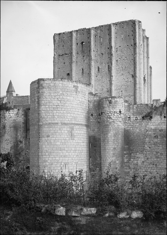 Façade sud : tour à éperon et angle sud-est du donjon