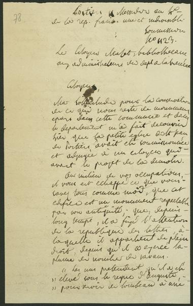 Archives : Copie d'une lettre du bibliothécaire Mazet (page 1)