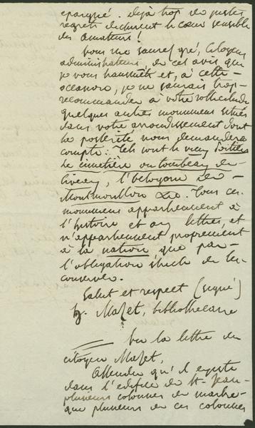 Archives : Copie d'une lettre du bibliothécaire Mazet (page 3)