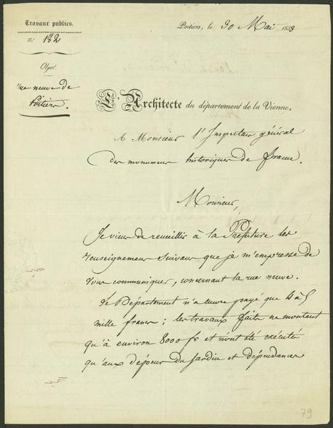 Archives : Lettre de l'architecte départemental de la Vienne à Vitet (page 1)