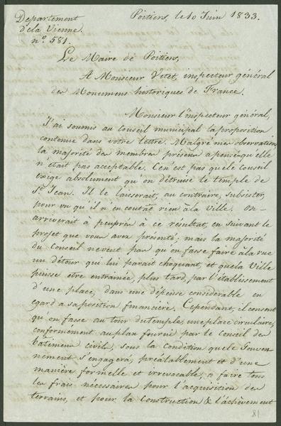 Archives : Lettre du maire de Poitiers à Vitet (page 1)