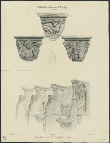 Gravure : Stalles et miséricordes de l'église d'Orbais