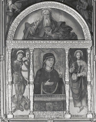 retable, tableaux : Vierge, saint Georges, saint Barthélémy, Dieu le Père