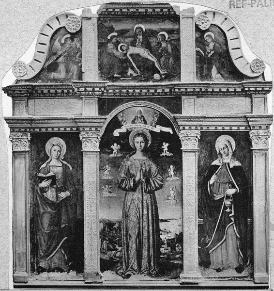 retable, tableaux : Vierge de Pitié, entre saint Jean et sainte Madeleine, l'Annonciation et la Vierge immaculée (la), vue générale