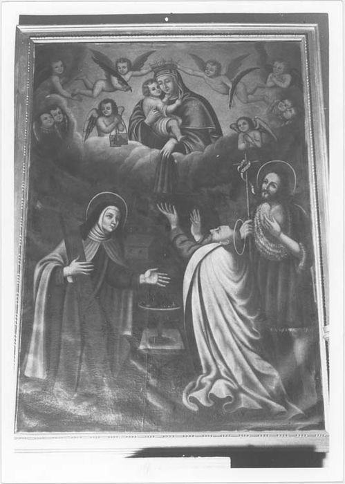 tableau et son cadre : Notre Dame du Mont Carmel, sainte Thérèse d'Avila, saint Jean-Baptiste et saint Simon Stock, vue générale
