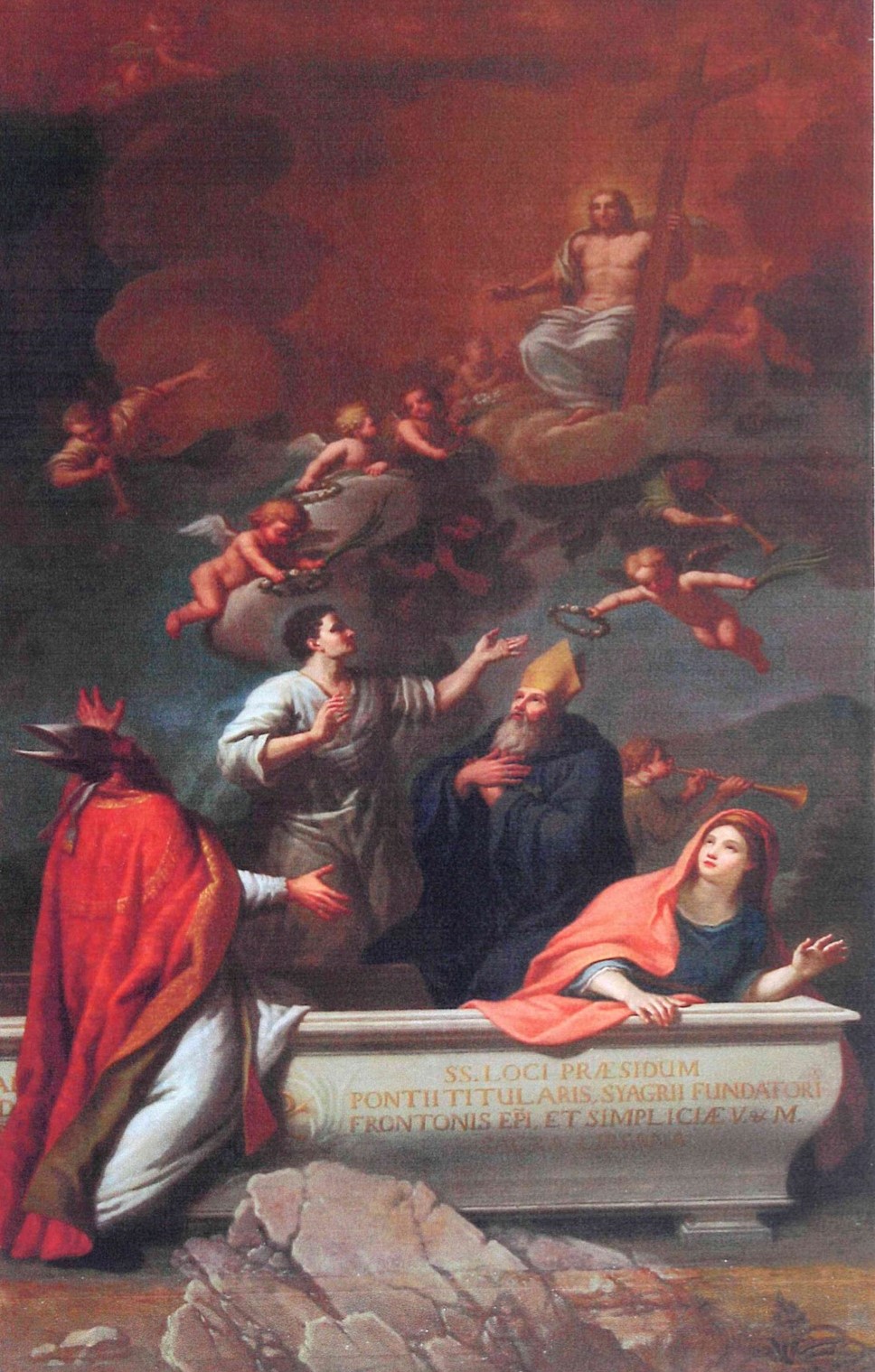 tableau : Saint Pons, saint Front, sainte Simplicie et saint Syagre, avec le Christ dans les nuées - © Ministère de la Culture (France), Médiathèque du patrimoine et de la photographie (objets mobiliers), tous droits réservés