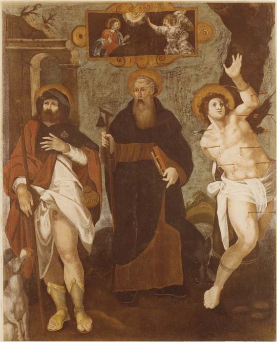 tableau : Saint Antoine l'ermite entre saint Sébastien et saint Roch, l'ange et la Vierge de l'Annonciation - © Ministère de la Culture (France), Médiathèque du patrimoine et de la photographie, diffusion GrandPalaisRmn Photo