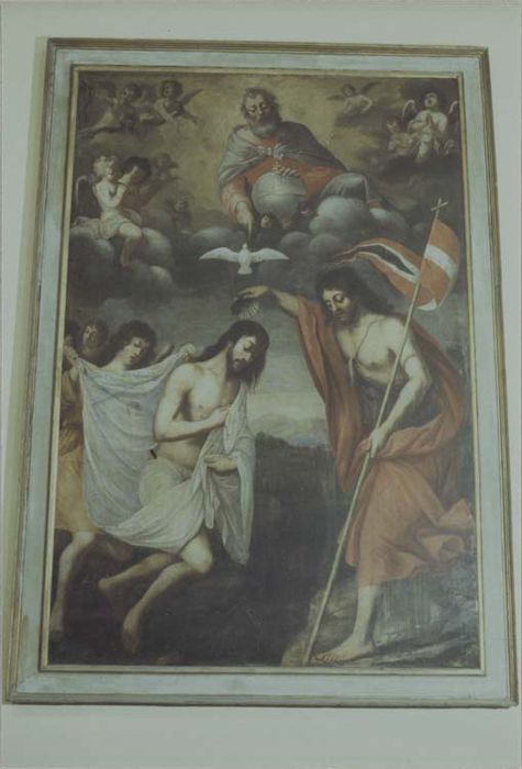 tableau et son cadre : le Baptême du Christ par saint Jean Baptiste