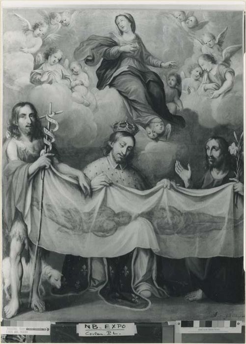 tableau : la Vierge en gloire et saint suaire du Christ présenté par le bienheureux Amédée de Savoie, entre sainte Brigitte et saint Joseph