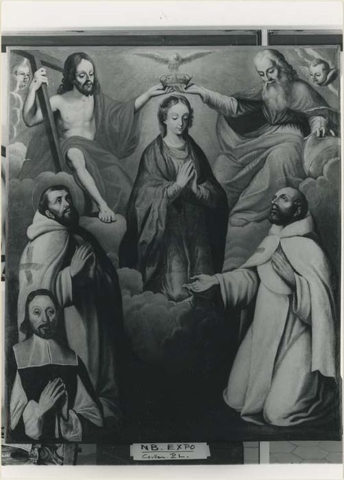 tableau : le Couronnement de la Vierge par la sainte Trinité, saint Félix de Valois, saint Jean de Matha et le donateur