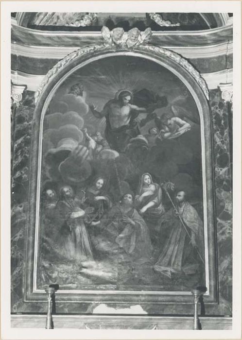 tableau : Christ en gloire entouré de saint Maximin, saint Eloi, saint Julien, saint Boniface, saint Grat, saint Augustin et sainte Justine (le)