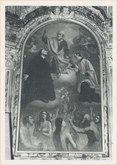 tableau : Saint Louis de Gonzague et saint Nicolas de Tolentino intercédant auprès de saint pierre pour les âmes du Purgatoire