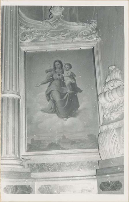 retable de la chapelle du Sacré-Coeur, 3 tableaux : Saintes Appoline, Lucie, Brigitte, et saints Roch, Dominique, franciscain et soldat romain, l'Apparition du Christ à Marguerite-Maire Alacoque, Vierge à l'Enfant