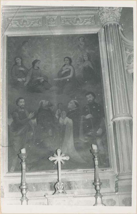 retable de la chapelle du Sacré-Coeur, 3 tableaux : Saintes Appoline, Lucie, Brigitte, et saints Roch, Dominique, franciscain et soldat romain, l'Apparition du Christ à Marguerite-Maire Alacoque, Vierge à l'Enfant