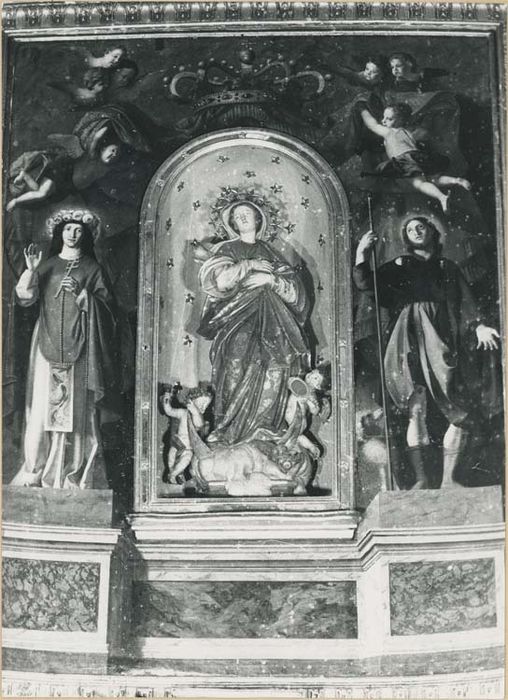 retable de la chapelle de la Vierge, tableau : Saint Rosalie et saint Roch, statue : l'Immaculée Conception dite l'Assomption